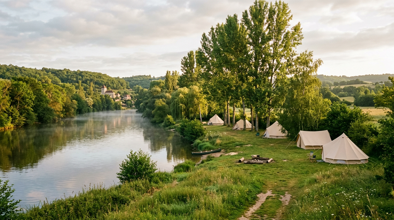 Un camping calme au bord de la rivière, quelques tentes espacées parmi les arbres au bord de l’eau