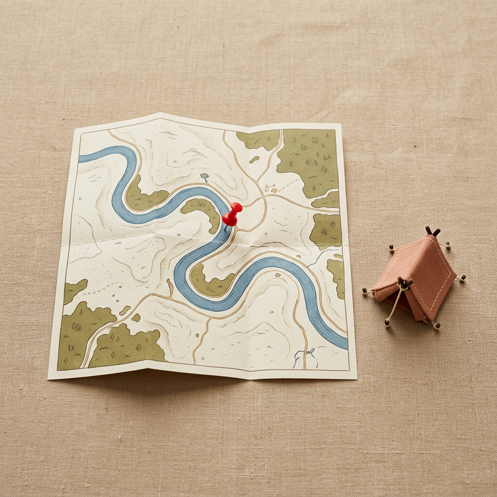 Une carte pliée avec une épingle marquant un spot choisi, à côté d’une petite tente miniature